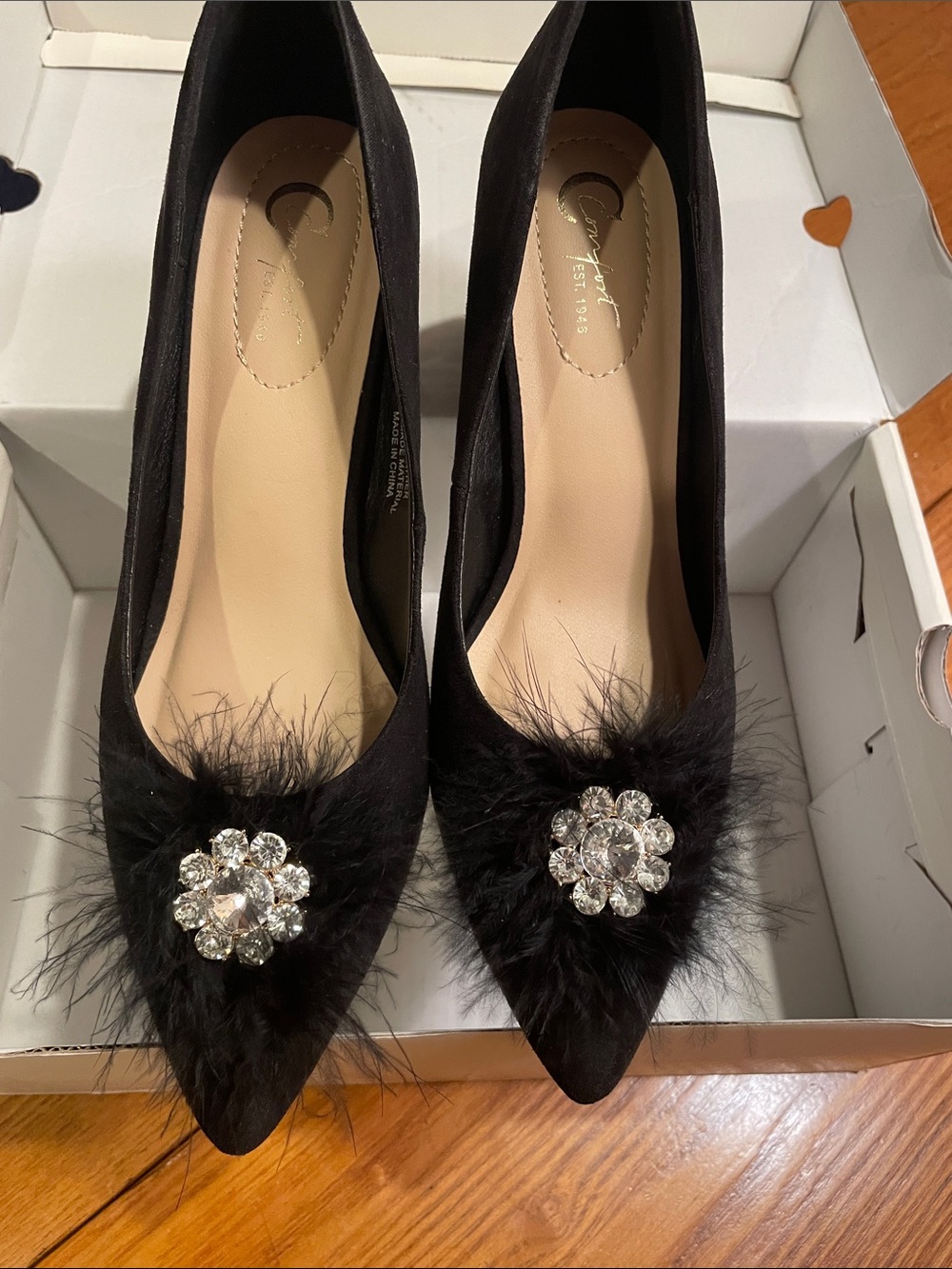 Comfort Colors Black Pointed Toe Heels with Crystal Brooch and Feather Trim